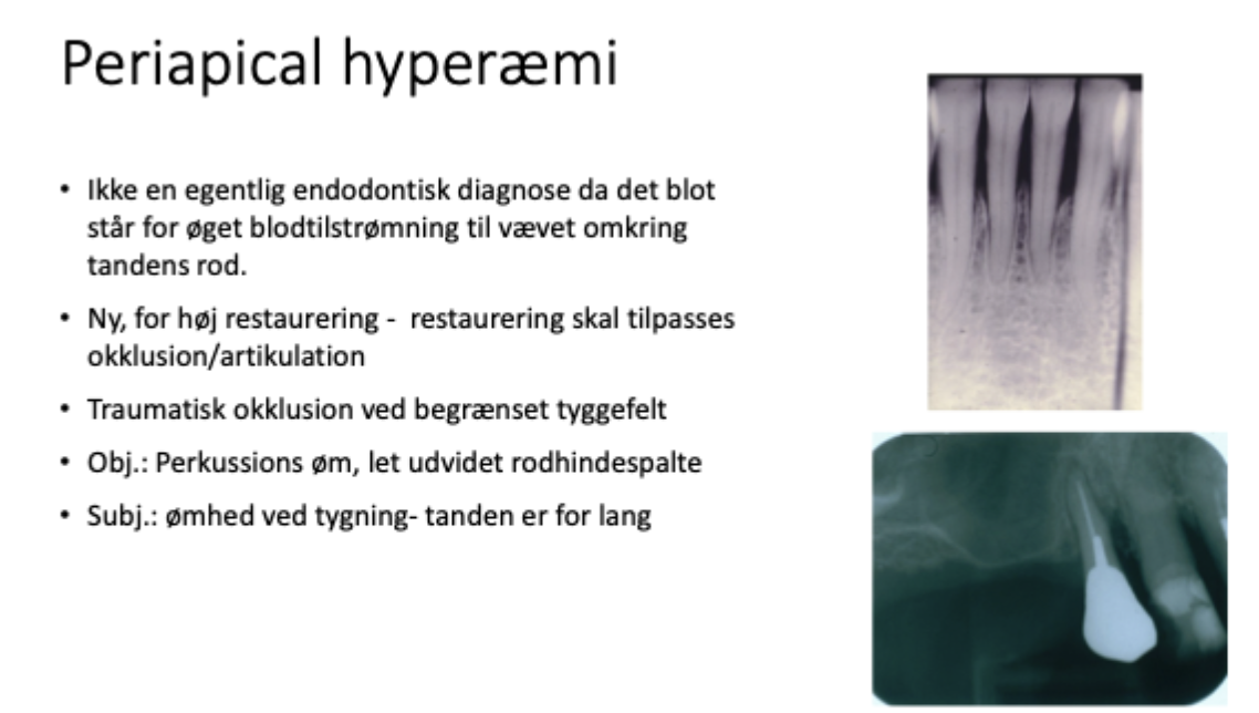 <ul><li><p>ikke omfattet af pulpavævet men vævet omkring pulpa.</p></li><li><p>På rtg. Vil man typisk se en udvidet rodhindespalte.</p></li><li><p>Hård kontakt eller bruksisme</p></li></ul><p></p>