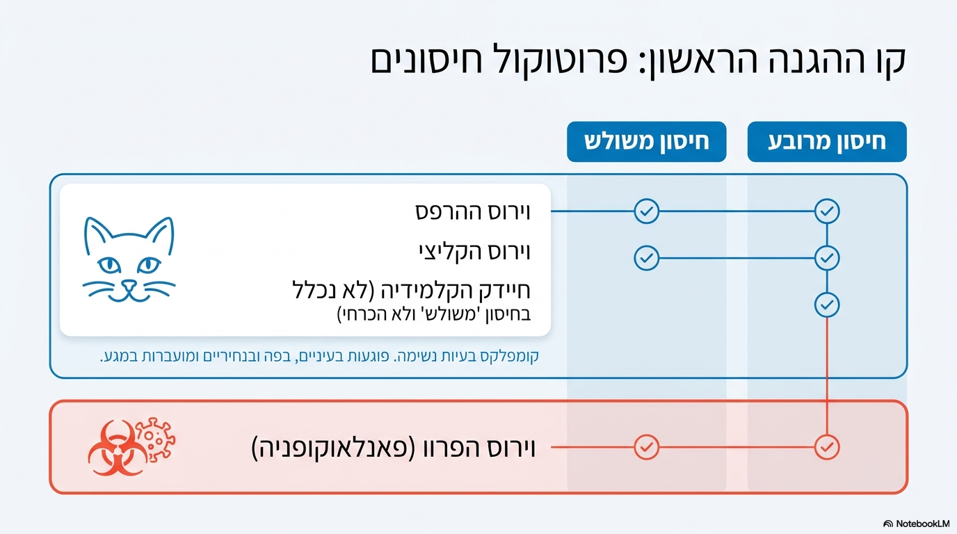 <ul><li><p>החיסון המרובע כולל את ארבעת הגורמים הבאים: <strong>וירוס ההרפס</strong>, <strong>וירוס הקליצי</strong>, <strong>וירוס הפרוו (פאנלאוקופניה)</strong>, ו<strong>חיידק הקלמידיה</strong>.</p></li><li><p>ההבדל מהחיסון המשולש הוא שחיידק הקלמידיה אינו נכלל בחיסון ה"משולש" ואינו נחשב להכרחי.</p></li></ul><p></p>