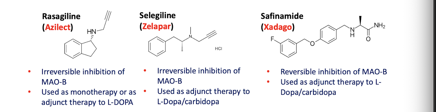 <ul><li><p>block breakdown of dopamine—>prolog dopaminergic activity</p></li><li><p>can be adjunctive to L-DOPA</p></li><li><p>Ex.</p><ul><li><p>Rasagiline, selgiline, safinamide</p></li></ul></li><li><p>Patient should be counseled to limit tyramine intake (aged cheese, red wine, chocolate). MAO inhibitors facilitate absorption of tyramine—>increase norepinephrine—>hypertensive urgency</p></li></ul><p></p>