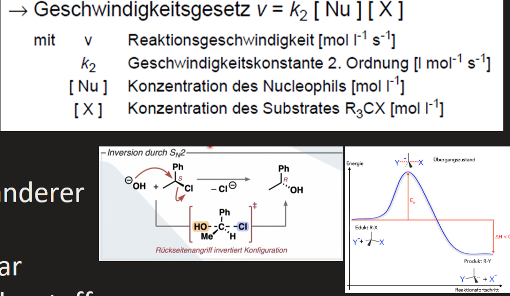 <ul><li><p>Bimolekular → Beide Teilchen bestimmen Geschwindigkeit</p></li><li><p>Reaktion läuft in einem Schritt</p></li><li><p>Übergangszustand: trigonal pyramidal, 5 bindiger Kohlenstoff, unpolar</p></li><li><p>Nukleophil greift von hinten an während Abgangsgruppe abgeht</p></li><li><p>Nucleophil greift von Rückseite an -> Konfigurationsumkehr (Nucleophil ist genau auf anderer Seite der vorherigen Abgangsgruppe)</p></li><li><p>Bevorzugt bei guten Nucleophilen in hoher Konzentration, guten Abgangsgruppen, polar aprotischen LM, zugänglicher Kohlenstoff, primär (oder sekundär) C</p></li></ul><p></p>