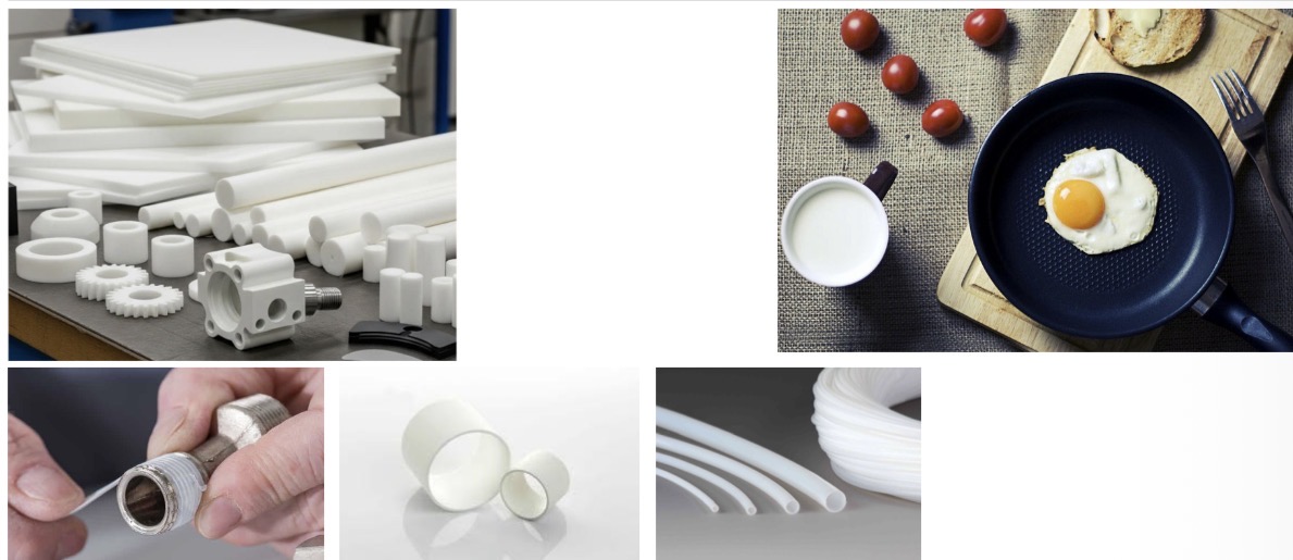 <ul><li><p>outstanding (exceptional) thermal & chemical resistance</p></li><li><p>Temperature resistance up to 327°C</p></li><li><p>Mechanical & chemical properties ~ const. between -90 and 250°C</p></li><li><p>Extremely low coefficient of friction</p></li><li><p>Releases agressive acid when it burns</p></li></ul><p></p><ul><li><p>sliding bearings (roulements)</p></li><li><p>Separating agents</p></li><li><p>Anti-adhesive coatings (pans)</p></li></ul><p></p>
