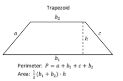 <p>P = a + <span style="color: purple;">b1</span> + c + <span style="color: blue;">b2</span></p><p>A = 1/2(<span style="color: purple;">b1</span> + <span style="color: blue;">b2</span>) x H</p>