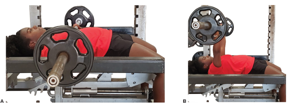 <ul><li><p>Subject lies supine on exercise bench</p></li><li><p>Subject grasps barbell & presses weight upward through full range of arm & shoulder movement</p></li><li><p>Weight is then lowered to starting position</p><ul><li><p>open-kinetic chain exercise</p></li></ul></li></ul><p></p>