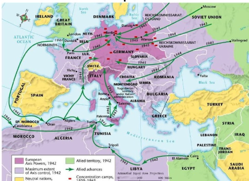 <p>The U.S. invaded Italy and France, pushing the Germans out, while the </p>