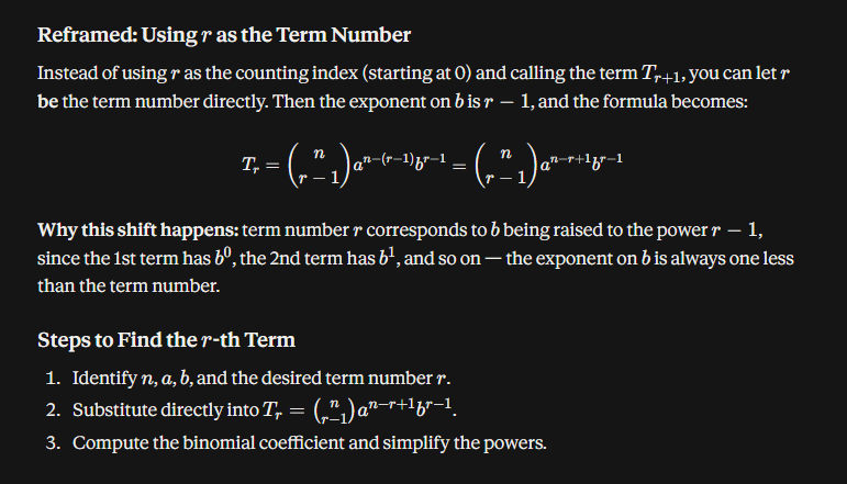 <p>Where: <br>r is the term number you want<br>n is the power binomial <br>a the first term in the binomial<br>b is the second term in the binomial</p>