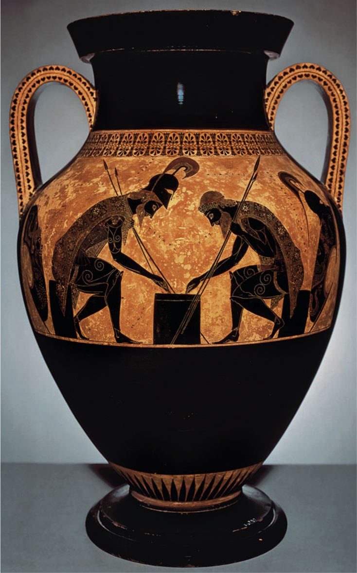 <p><span>A tall ancient greek or roman vase with two handles and a narrow neck</span></p>