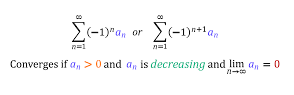 <p>if writing justification, must write:</p><p>alternating terms</p><p>absolute value of terms decrease to 0</p>