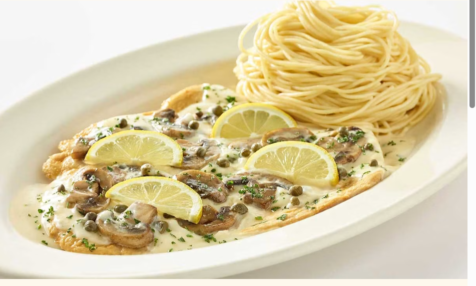 <p>Sauteed Chicken Breast with Lemon Sauce, Mushrooms and Capers. Served with Angel Hair Pasta</p>