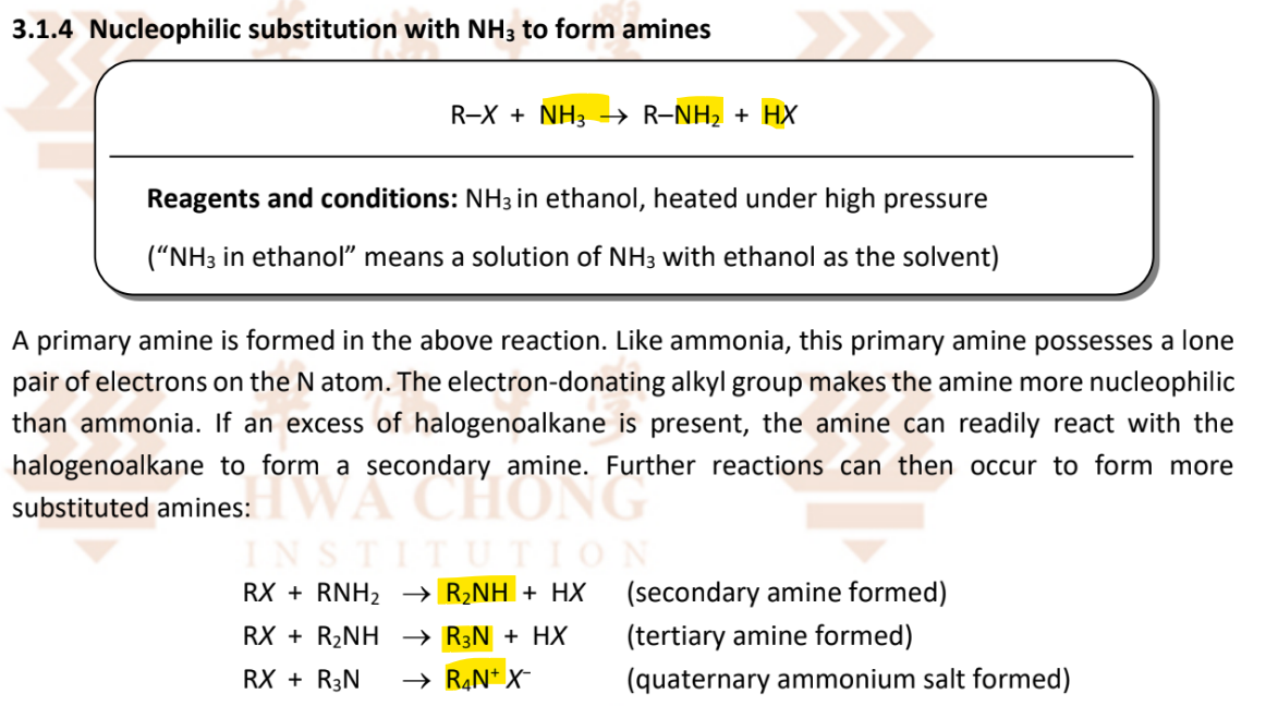 <p>RnCs: <u>NH<sub>3</sub> OR amine</u> in ethanol, halogenoalkane heated under high pressure</p><p>Note: </p><ul><li><p>lone pair on nitrogen(amine acts as a nucleophile) causes further reactions ot occur to form more substituted amines </p></li></ul><p></p>