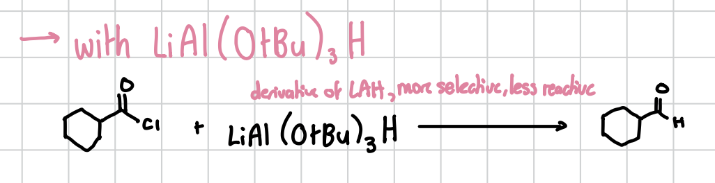 <p>Will reduce an acyl chloride to a carboxyl attached to a hydrogen. </p><p>Reagents: Acyl chloride + LiAl(OtBu)3H</p>