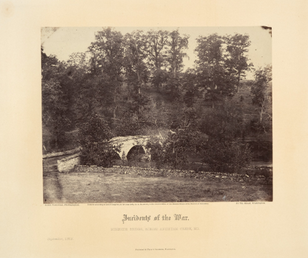<p>Burnside Bridge, Across Antietam Creek, in Gardner’s Photographic Sketchbook of the Civil War Volume I</p>