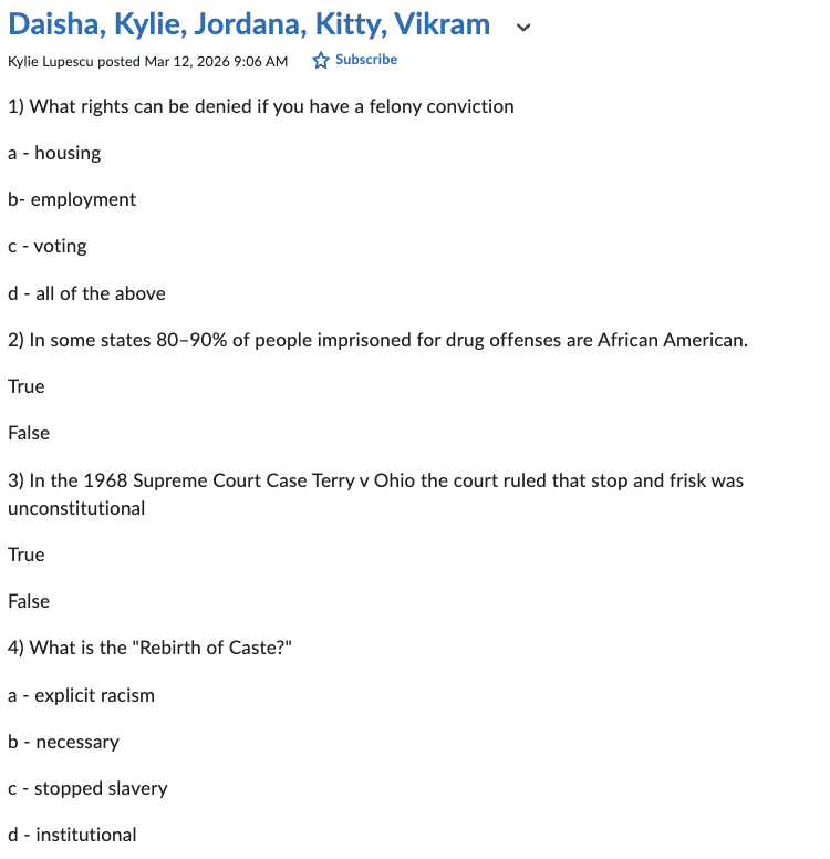 <p><span data-name="check_mark_button" data-type="emoji">✅</span> <strong>Institutional.</strong><br><strong>Options:</strong></p><ul><li><p>A) Explicit racism <span data-name="cross_mark" data-type="emoji">❌</span></p></li><li><p>B) Necessary <span data-name="cross_mark" data-type="emoji">❌</span></p></li><li><p>C) Stopped slavery <span data-name="cross_mark" data-type="emoji">❌</span></p></li><li><p><span data-name="check_mark_button" data-type="emoji">✅</span> D) Institutional <span data-name="check_mark_button" data-type="emoji">✅</span><br><strong>Why:</strong> In <em>The New Jim Crow</em>, “rebirth of caste” refers to <strong>mass incarceration as an institutional racial caste system</strong> (structural/institutional social control).</p></li></ul><p>The "Rebirth of Caste" is an institutional racial caste system that stems from mass incarceration and serves as a means of structural social control. </p><p></p>