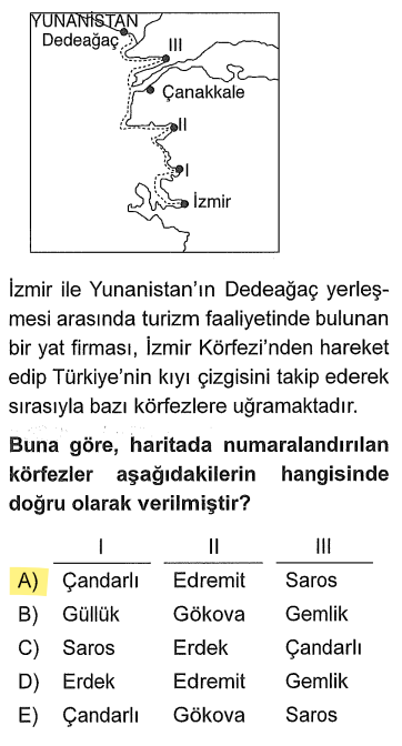 <p>İzmir'in hemen kuzeyinde Çandarlı yer alır. Kaz Dağları'nın dibindeki büyük kıvrım Edremit'tir. Çanakkale'nin kuzeyinde, kendi kendini temizleme özelliğiyle bilinen körfez ise Saros'tur.</p>