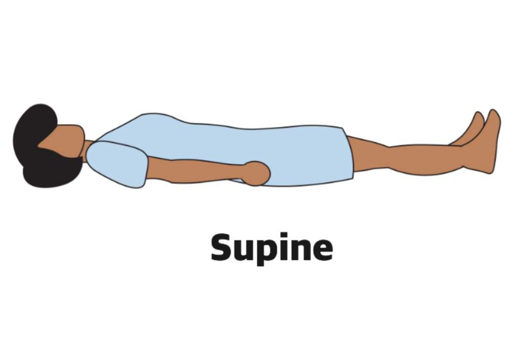 <p>is lying down with the face up. palm facing upwards</p>