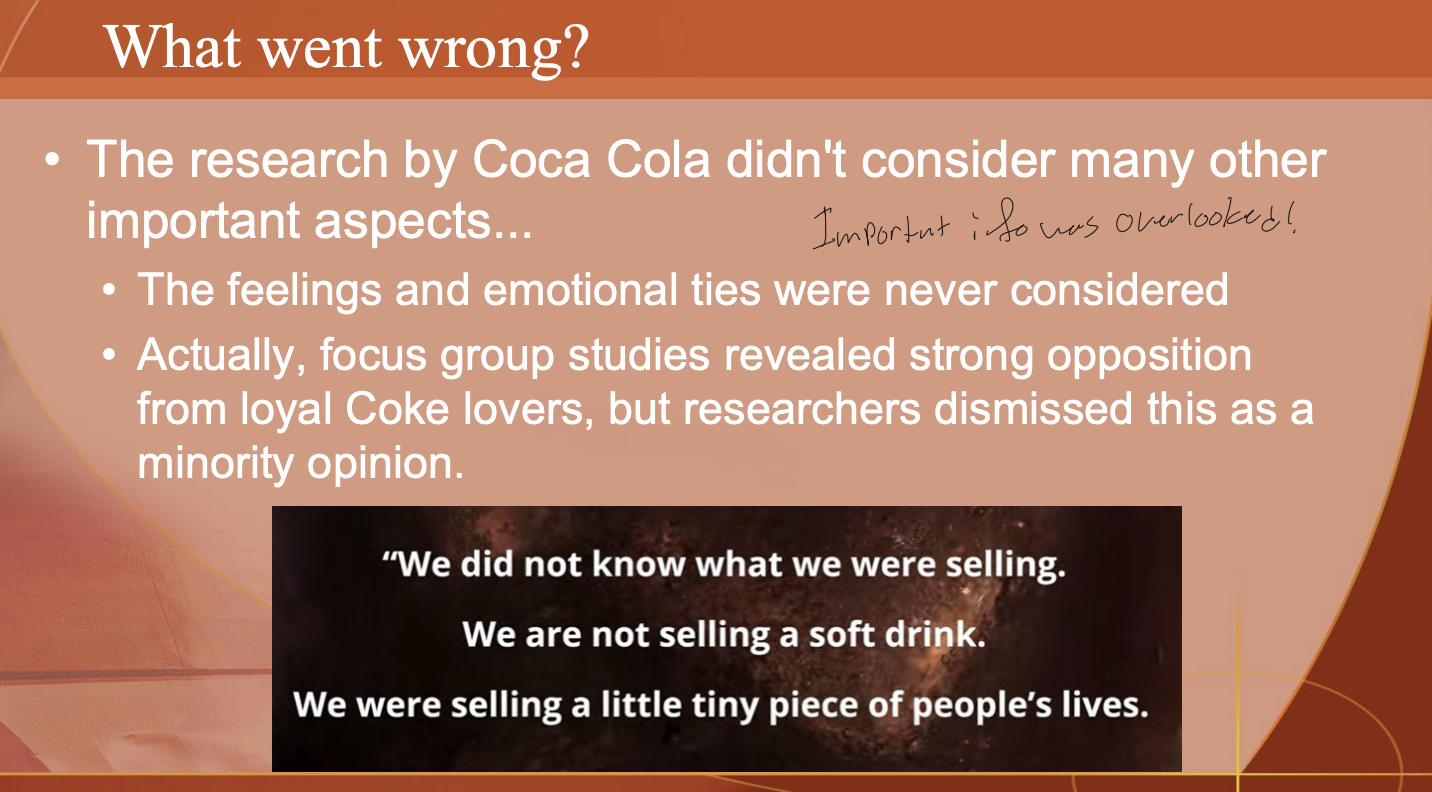 <p>Feelings and emotional ties to the brand were never considered. Focus groups showed strong opposition from loyal Coke lovers, but researchers dismissed it as a minority opinion. (New Coke is an example of LOW VALIDITY.)</p>