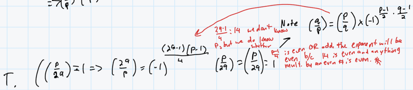 <p>True, in other words is (p/29)=(29/p) always true? Yes because you can flip a Legendre symbol as long <strong>both</strong> p and q (q is 29) are NOT =3 (mod 4)… 29=1 (mod 4) so (p/29) will always equal (29/p) because if one is square (value 1), the other must be square. Another way to attack is attached. We know to use (-1) as the multiplier b/c that is what is always used for law of quadratic reciprocity</p>