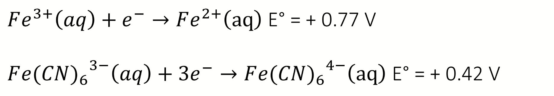 <p>what can be deduced about the complexation of CN to Fe from these equations and potentials</p>