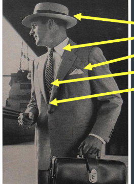 <p>Narrow brim hat, white button down shirt, white handkerchief, longer tie with a tie clip, narrow lapels and single breasted suits</p>