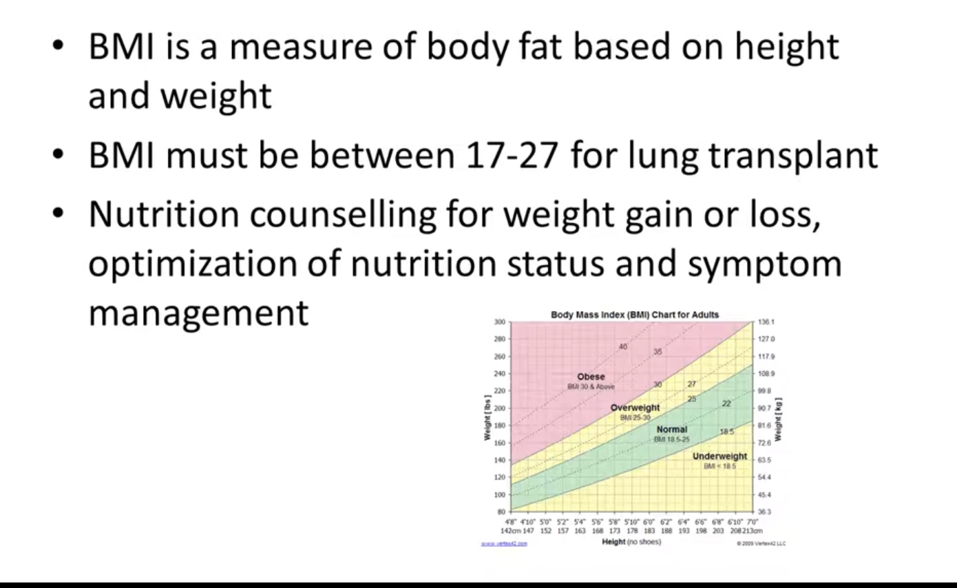 <ul><li><p>healthy bmi - better tranpslant outcome s</p></li><li><p>sometimes patients struggle to have enough weight to get thorugh tranpslan t</p></li><li><p>help patients eat healthy </p></li></ul><p></p>