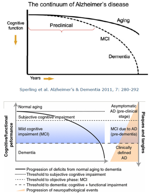<p>Preklinische dementie → mild cognitive impairment (MCI) → dementie </p><ul><li><p>plaques &amp; tangles worden groter</p></li></ul><p></p>