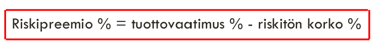 <p>tuottovaatimus % - riskitön korko</p>