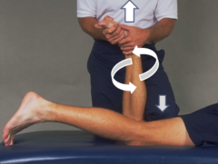 <p>Prone knee flexed 90°, tibia distraction vs compression with rotation; differentiates ligament vs meniscus.</p>