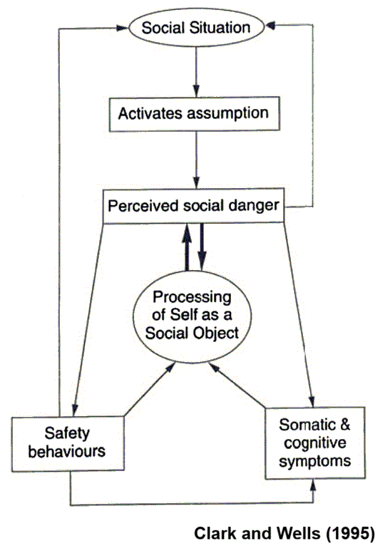 <p>Hvilke typer antakelser beskrives i Clark &amp; Wells-modellen for sosial angst?</p>