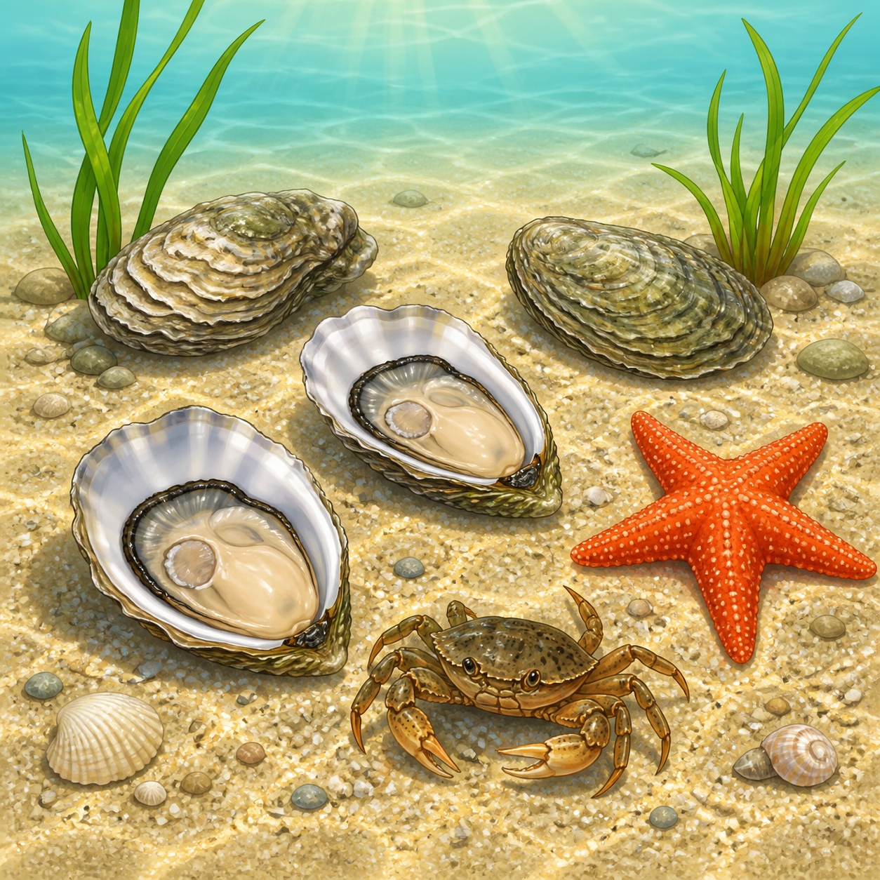 <p>Organisms that live on the bottom of a body of water, such as oysters.</p>
