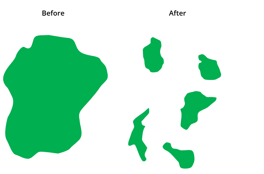 <ul><li><p><span>Large, continuous habitats are broken into smaller, isolated pieces that limit movement and increase vulnerability.</span></p></li><li><p><span>One primary consequence of fragmentation is that it causes a large increase in the amount of "edge" habitat relative to the amount of "interior" habitat. After fragmentation occurs, trees that end up on a forest edge are exposed to intense sunlight and high winds. </span></p></li><li><p><span>Fragmentation also reduces gene flow, or mixing of genetic information, in many or most of the species present.</span></p></li></ul><p></p>