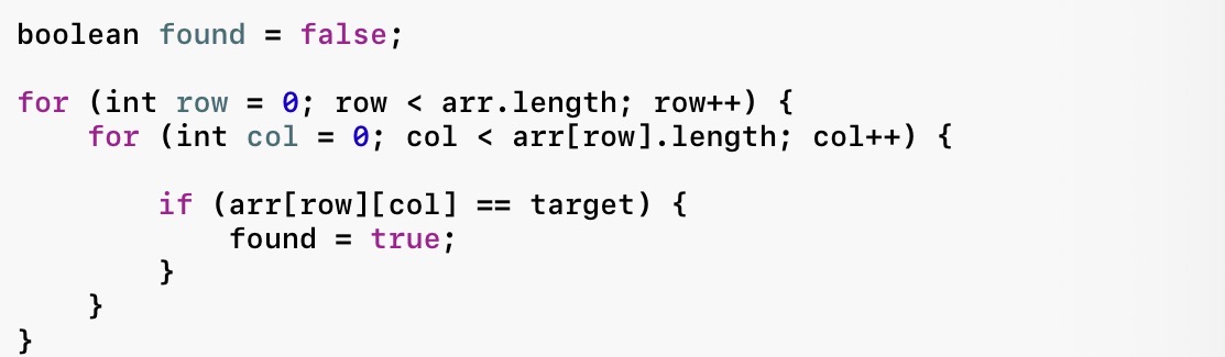 <p><span><span>Purpose: Look for a target value.</span></span></p><p><span><span>Use when:</span></span></p><ul><li><p><span><span>Checking if something exists</span></span></p></li><li><p><span><span>Finding a specific number</span></span></p></li><li><p><span><span>Boolean search questions</span></span></p></li></ul><p></p>