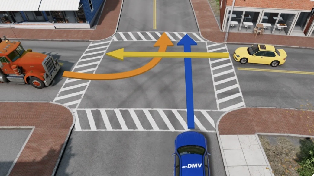 <p>In what order the vehicles may proceed at the intersection below</p>