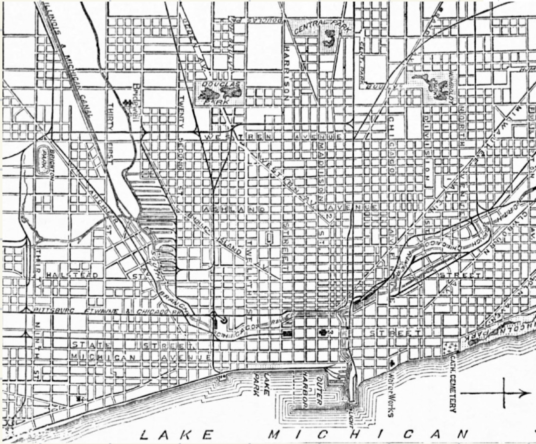 <p>plan architectural organisé selon des lignes droites se croisant à angle droit, formant une composition régulière et géométrique (ex = ville de Chicago)</p>
