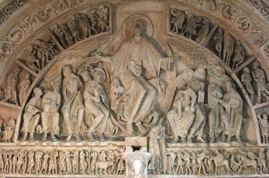 <p>The tympanum of Ste. Madeleine at Vézeley illustrates the Mission of the Apostles, portraying Jesus sending his disciples to spread the Gospel, a significant theme in Romanesque art that emphasizes faith and evangelism. </p>