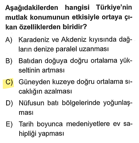 <p>Dağların uzanışı, yükselti, nüfusun batıda toplanması ve tarihsel medeniyetler hep yer şekilleri, iklim çeşitliliği veya jeopolitik konumla (Göreceli) ilgilidir.</p><p>Türkiye'de güneyden kuzeye gidildikçe güneş ışınlarının geliş açısı daraldığı için sıcaklıklar genel olarak azalır. Bu enlem etkisidir.</p>