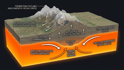 <p>What term/concept is being visualized in this image? </p><p>Definition: The removal of mass from mountain peaks, which lightens the downward load on the crust, causing the lithosphere to rise vertically as mantle material flows inward underneath.</p>