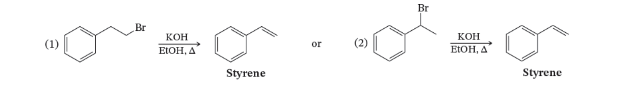 <p>7.12</p><p>Your task is to prepare styrene by one of the following reactions. Which reaction would you choose to obtain the better yield of styrene? Explain your answer.</p>