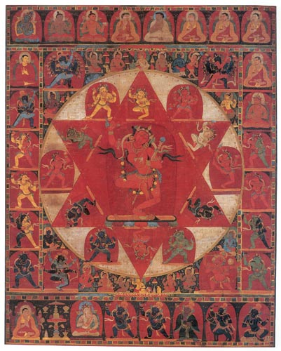 <ul><li><p>Vajravarahi is the thugsdam, or chosen deity, of Onpo Lama Rinpoche of Taklung</p></li><li><p><span style="background-color: transparent;">In active movement, unlike depictions of Buddhas, bodhisattvas</span></p><ul><li><p><span style="background-color: transparent;">Dancing on a human figure laying prone</span></p></li></ul></li><li><p><span style="background-color: transparent;">Holds a skull up, sow-face coming out of head</span></p></li><li><p><span style="background-color: transparent;">Lineage portrait along top</span></p><ul><li><p><span style="background-color: transparent;">Milarepa (white robe) and Marpa in the center</span></p></li></ul></li><li><p><span style="background-color: transparent;">Two inverted triangles (yantra) = representation of sexual union of deities</span></p></li><li><p><span style="background-color: transparent;">Based on transgressive tantra</span></p><ul><li><p><span style="background-color: transparent;">Goal is immediate spritual liberation by challenging the senses/social norms</span></p></li></ul></li><li><p><span style="background-color: transparent;">Charnel grounds as background (white bones on black backing)</span></p></li><li><p><span style="background-color: transparent;">Associated with triumph over ignorance</span></p></li><li><p><span style="background-color: transparent;">Orientation through directional deities</span></p></li></ul><p></p>