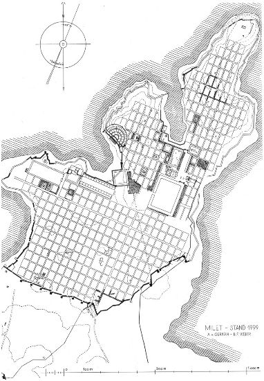 <p>Urban development schema using orthogonals devised by Hippodamus of Miletus in 5<sup>th</sup> century BCE. Such planning formally employed a grid, but also social theory, in which society was divided into religious, public, private zones</p><p class="MsoListBulletCxSpLast">Rigorous geometry deployed: overall grid of squares, which were quartered and then further divided into 6 parts, leaving blocks of 30x30m used for 6 courtyard houses</p>