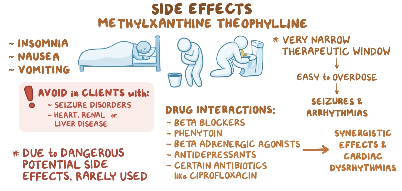 <ul><li><p>“-phylline”</p></li><li><p>Xanthines are used to <u>dilate the airways in patients with asthma or COPD.</u> They may be used in<mark data-color="yellow" style="background-color: yellow; color: inherit;"> mild to moderate cases of acute asthma and as an adjunct drug in the management of COPD.</mark></p></li><li><p>Xanthines are now <u>deemphasized</u> because of their potential for drug interactions and the interpatient variability in therapeutic drug levels in the blood. Because of their relatively slow onset of action, xanthines are used for the prevention of asthmatic symptoms and COPD, <strong>not for the relief of acute asthma attacks.</strong></p></li><li><p><strong><mark data-color="yellow" style="background-color: yellow; color: inherit;">Theophylline</mark></strong></p><ul><li><p>Narrow therapeutic range → 10-20 mcg/mL</p><ul><li><p>Most clinicians want 5-15 mcg/mL</p></li></ul></li></ul></li><li><p><strong><mark data-color="yellow" style="background-color: yellow; color: inherit;">Aminophylline</mark></strong> is sometimes given intravenously to patients with status asthmaticus who have not responded to fast-acting beta agonists such as epinephrine.</p></li></ul><p></p>
