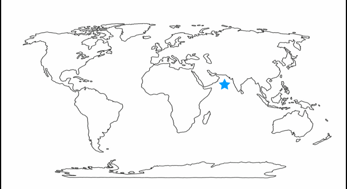 <p>Tip to remember: Between Arabian Pennisula and India</p>