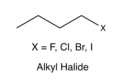<p>C4 H9 ends with either F, Cl, Br, I (Zig-Zag)</p>