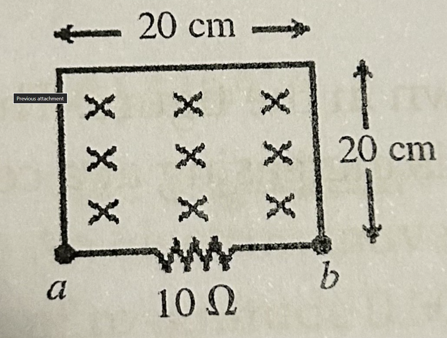 <p>As shown in the figure, a wire and a 10 ohm resistor are used to form a circuit in the shape of a square with dimensions of 20cm by 20cm. A uniform but non-steady magnetic field is directed into the plane of the circuit. The magnitude of the magnetic field is steadily decreased from 0.30T to 0.10T in a time interval of 43ms. What is the induced current in the circuit, and what direction is it through the resistor?</p><p>a) 19mA, from b to a</p><p>b) 19mA, from a to b</p><p>c) 11mA, from a to b</p><p>d) 28mA, from a to b</p><p>e) 11mA, from b to a</p>