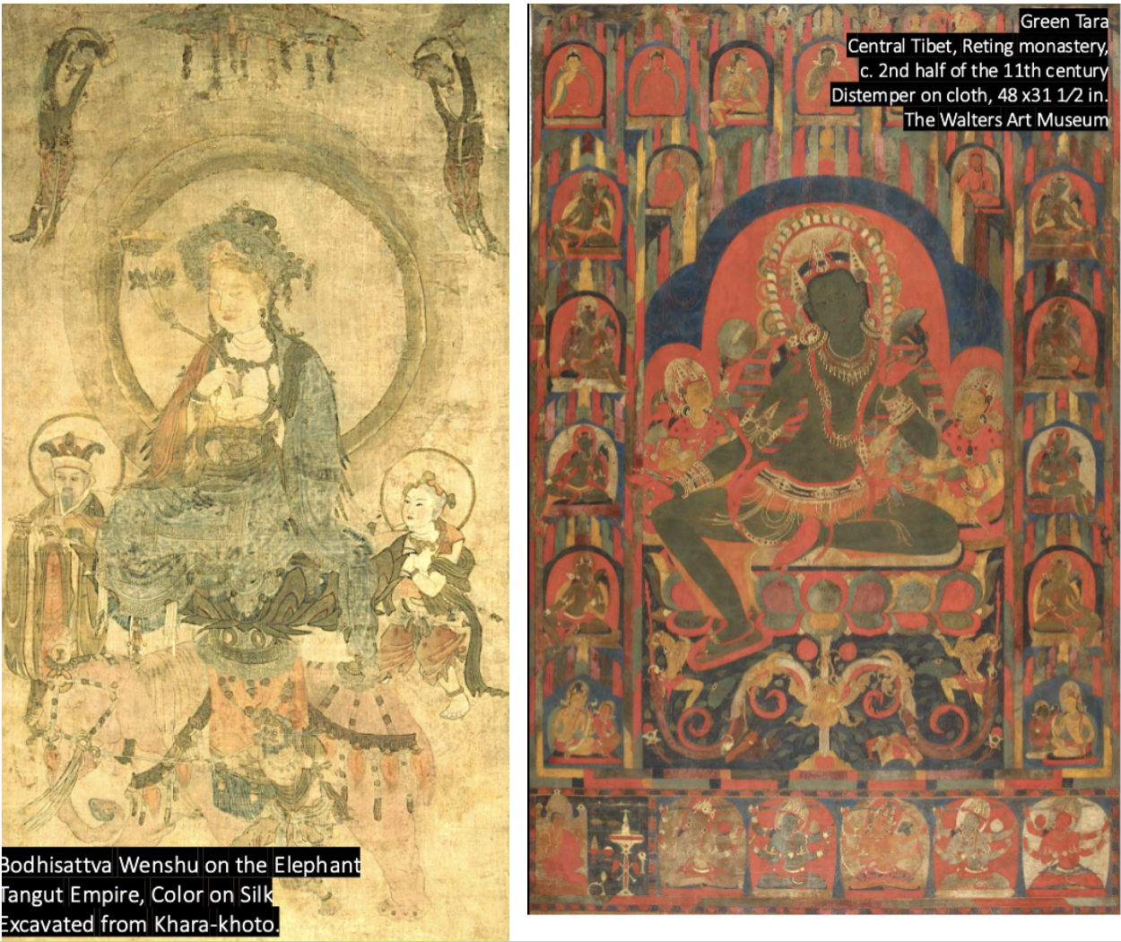 <ul><li><p>Tangut Empire, excavated from Khara Khoto</p></li><li><p>several hands, human heads, drinking blood</p></li><li><p>cotton- preferred surface in South Asia</p></li><li><p>esoteric- accelerated enlightenment in a single lifetime rather than multiple, teachings held to be beyond understadings of ordinary persons</p></li><li><p><strong><u>Green Tara:</u></strong> uses <span style="background-color: transparent;"><strong>Register Composition</strong> <strong>(popular in South asian and Tibet)</strong></span></p><ul><li><p><span style="background-color: transparent;">Main deity in the center, surrounded by figures in well organized composition, usually symmetrical, full view</span></p></li><li><p><span style="background-color: transparent;">Similar to Acala</span></p></li></ul></li><li><p><strong><u>Bodhisattva Wenshu on the Elephant:</u></strong> uses <span style="background-color: transparent;"><strong>Floating Composition</strong> <strong>(Han Chinese Influence)</strong></span></p><ul><li><p>Han styles clothing, non-esoteric, uses silk (preffered surface in China)</p></li></ul></li></ul><p></p>