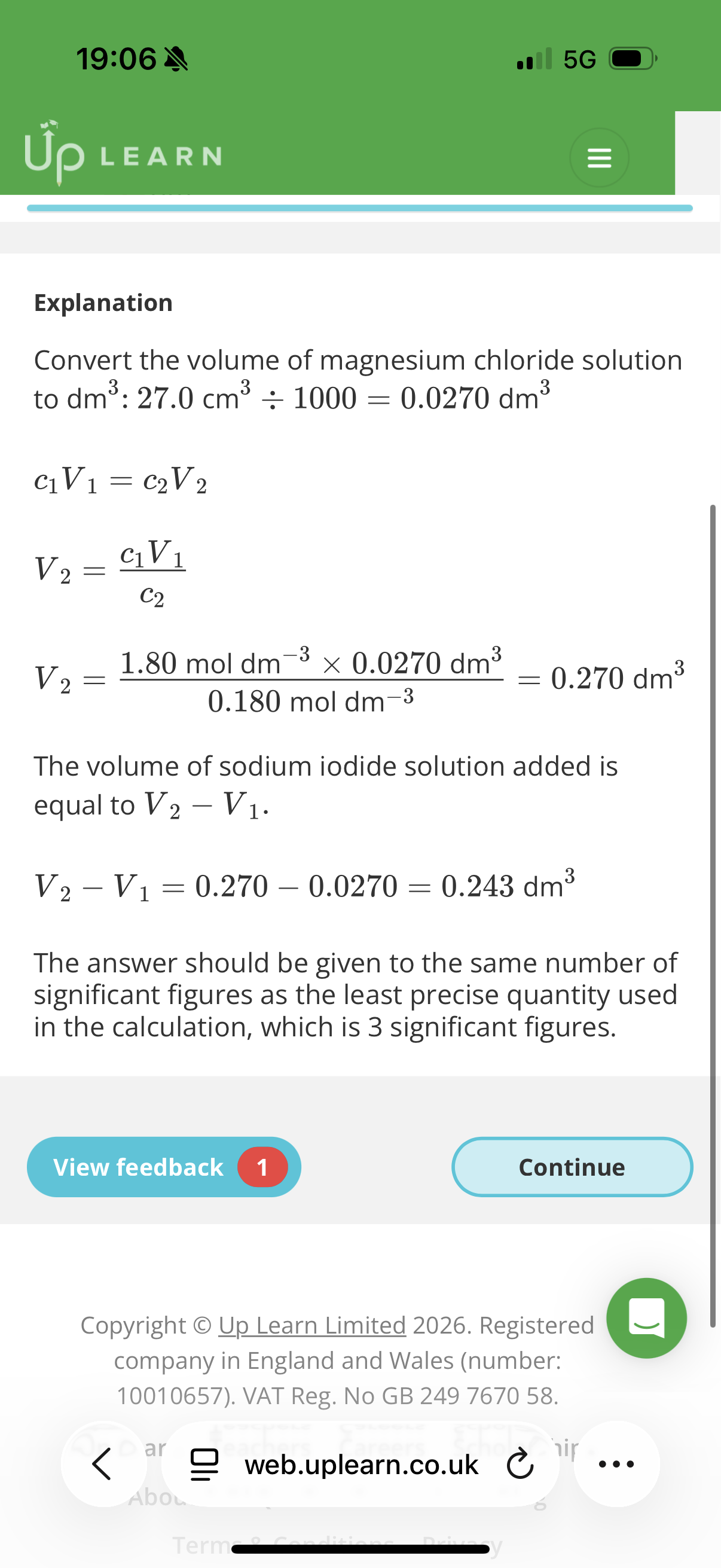 <p>0.243 extra explanation: V2= <span><span>Final total volume</span></span></p><p><span><span>Notice that 1.80 divided by 0.180 is exactly 10. This means you want to dilute the solution by a </span><strong><span>factor of 10</span></strong><span>.</span></span></p><p><span><strong><span>Step 3: Calculate how much solution needs to be added</span></strong></span></p><p><span><span>You started with 27.0cm3 and you need to end up with 270cm^3.</span></span></p><p><span><span>The volume of the sodium iodide solution you need to add is:</span></span></p><p><span><span>270-27 =243cm3 then divide by 1000 to get 0.243dm3</span></span></p>