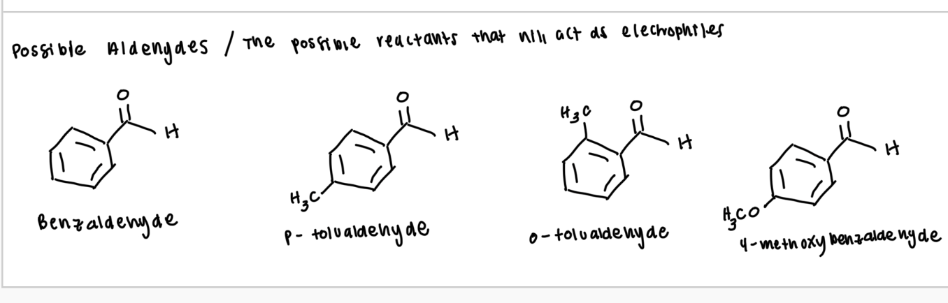 <p>benzaldehyde, p-tolualdehyde, o-tolualdehyde, 4-methoxybenzaldehyde</p>