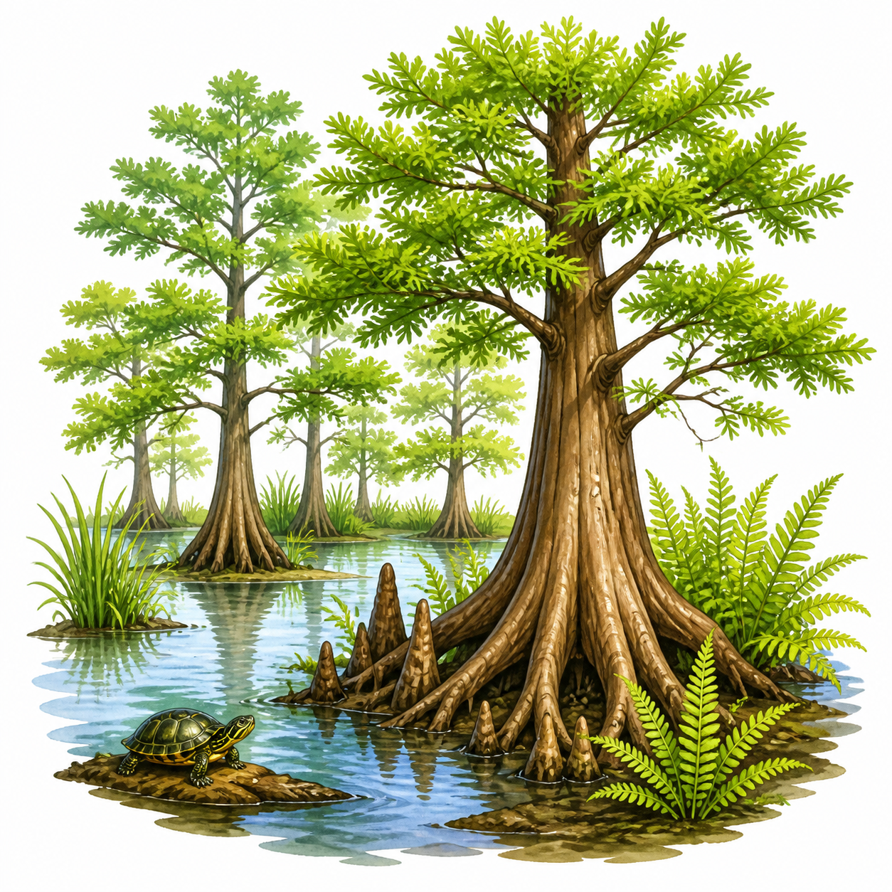 <p>A type of wetland that is often filled with water-soaked soil and trees.</p>