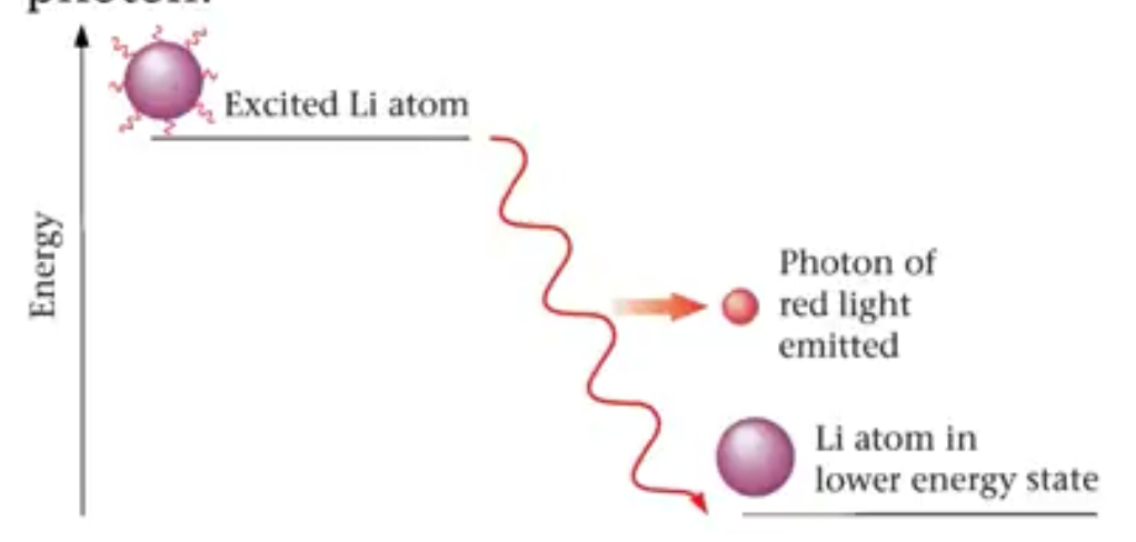 <p>Steps:</p><ol><li><p>Atom absorbs energy</p></li><li><p>Electrons are promoted to excited state (electrons jump energy levels)</p></li><li><p>Atom is unstable</p></li><li><p>Atom releases energy in the form of a photon (energy absorbed = energy released)</p></li><li><p>Electrons return to ground state (electrons return to original energy levels)</p></li></ol><p></p>