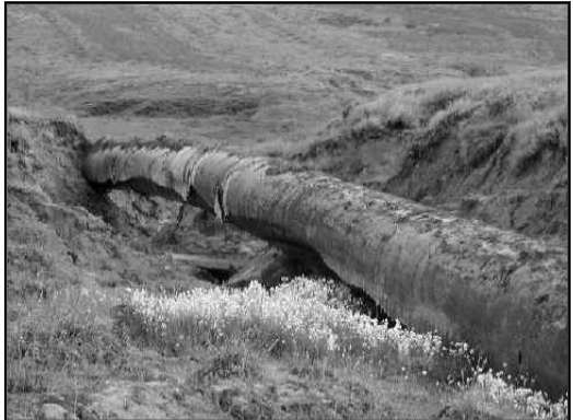 <p>Related to permafrost</p><p></p><p>ex. Pipeline exposed as a consequence of erosion of soil and backfill, following loosening of these materials by repeated frost heave and subsequent thaw</p>