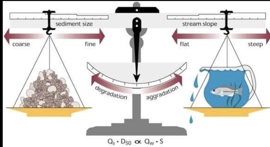 <p>Streams adjust their channel form to balance the energy of the flow and the amount of work they need to do.</p><p>• Too much energy (increased flow) and they erode (degrade).</p><p>Too much work (increased sediment) and they fill in (aggrade).</p>