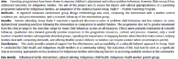 <ul><li><p>decrease in child behaviour concerns</p></li><li><p>improved parenting and adjustment (depression and stress)</p></li><li><p>good consumer satisfaction</p></li><li><p>reduction in barriers to mainstream services-</p></li></ul><p>→ local health workers needed support</p><p></p>
